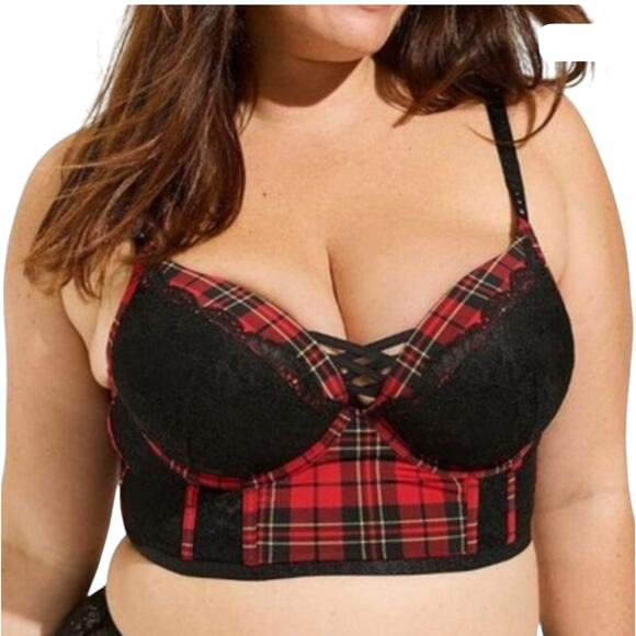 Torrid 44D XO Plunge lattice push up corset plaid check bra BC 2044 - Picture 1 of 11